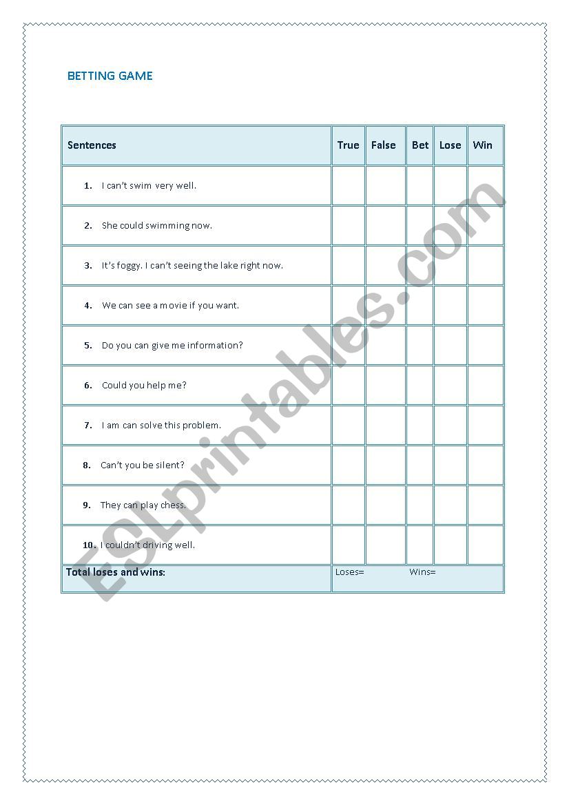 Can and Could Betting Game worksheet