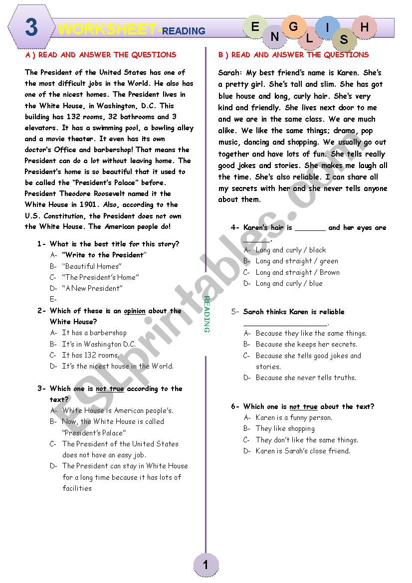 WORKSHEET FOR READING 3 worksheet