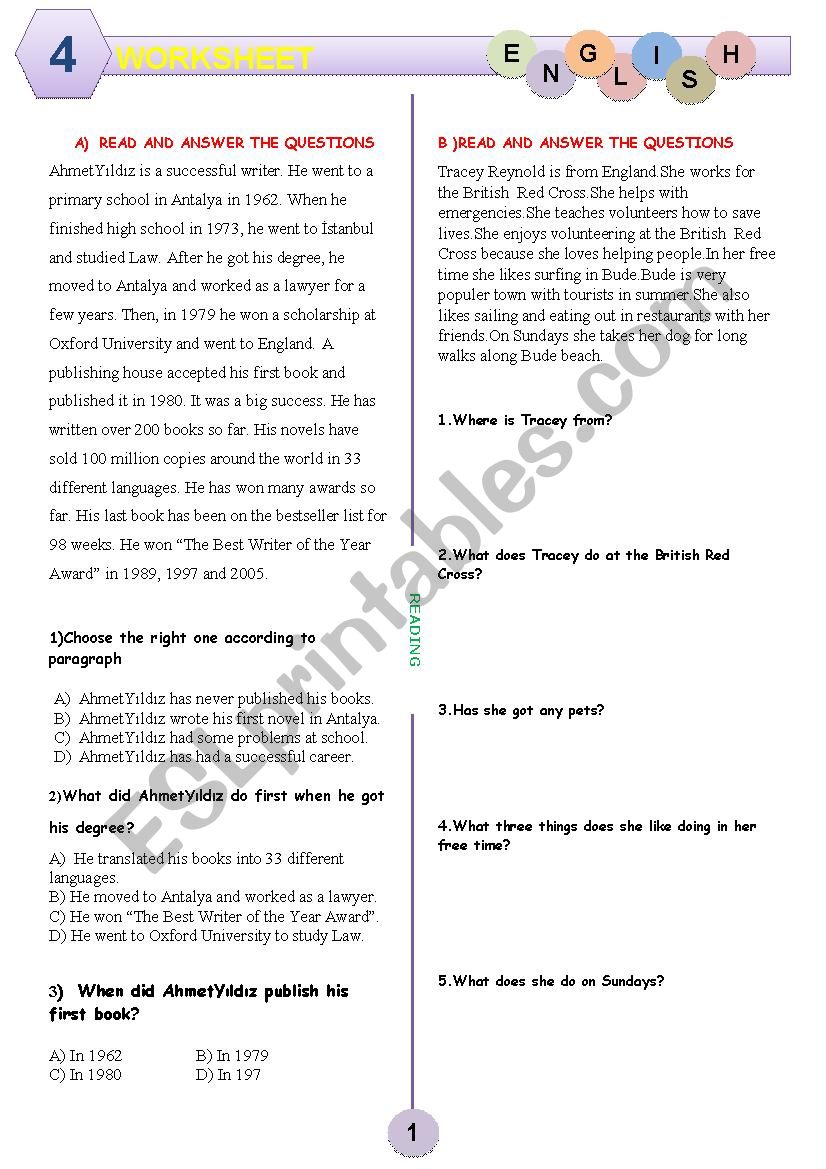 WORKSHEET FOR READING 4 worksheet