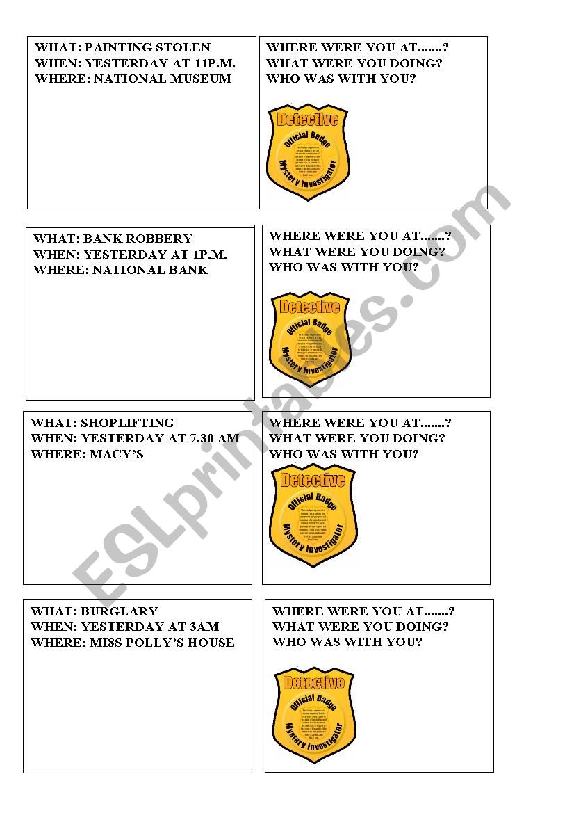 detective cards worksheet