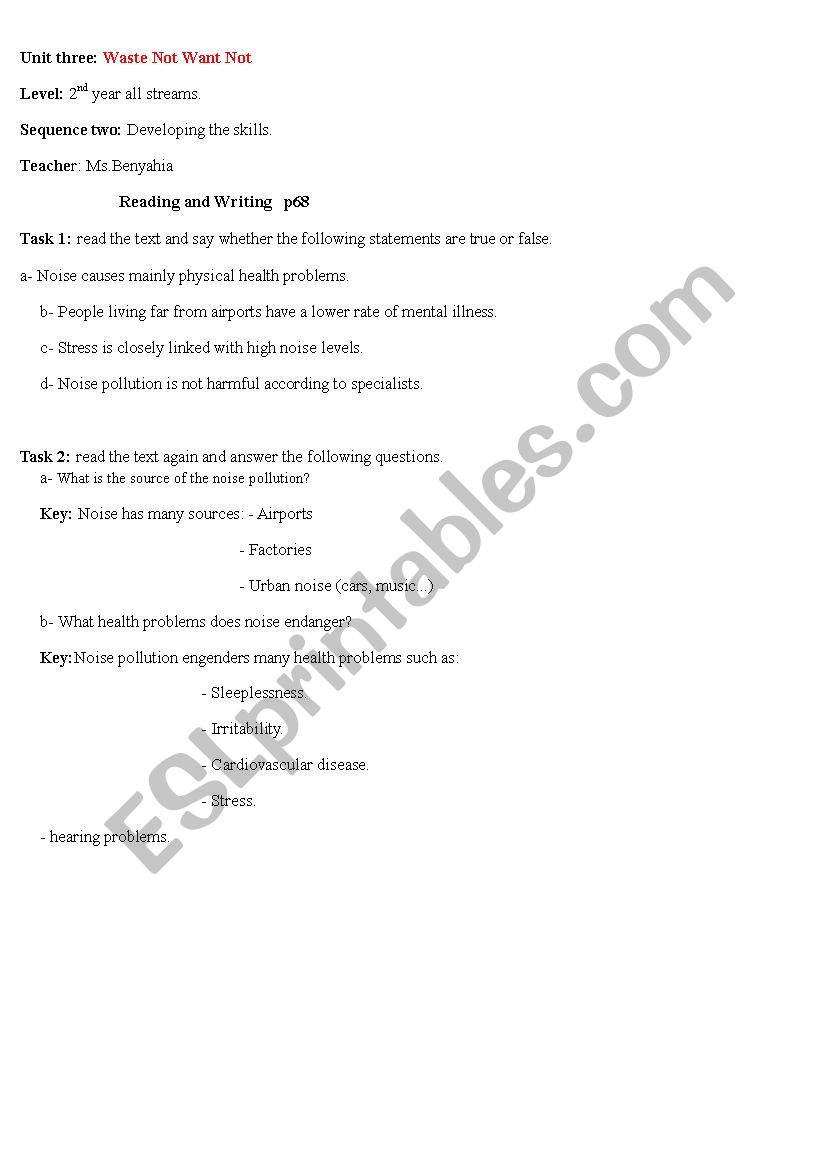 Noise pollution reading worksheet