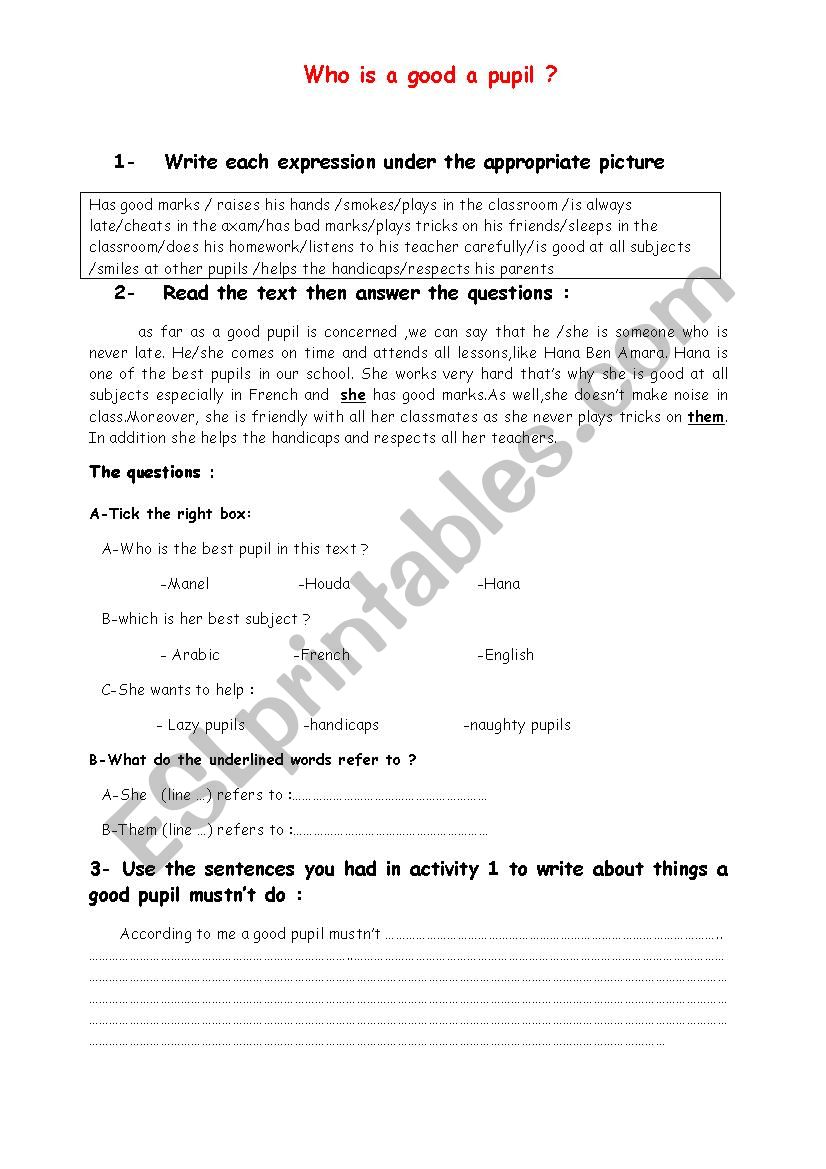 A good pupil worksheet