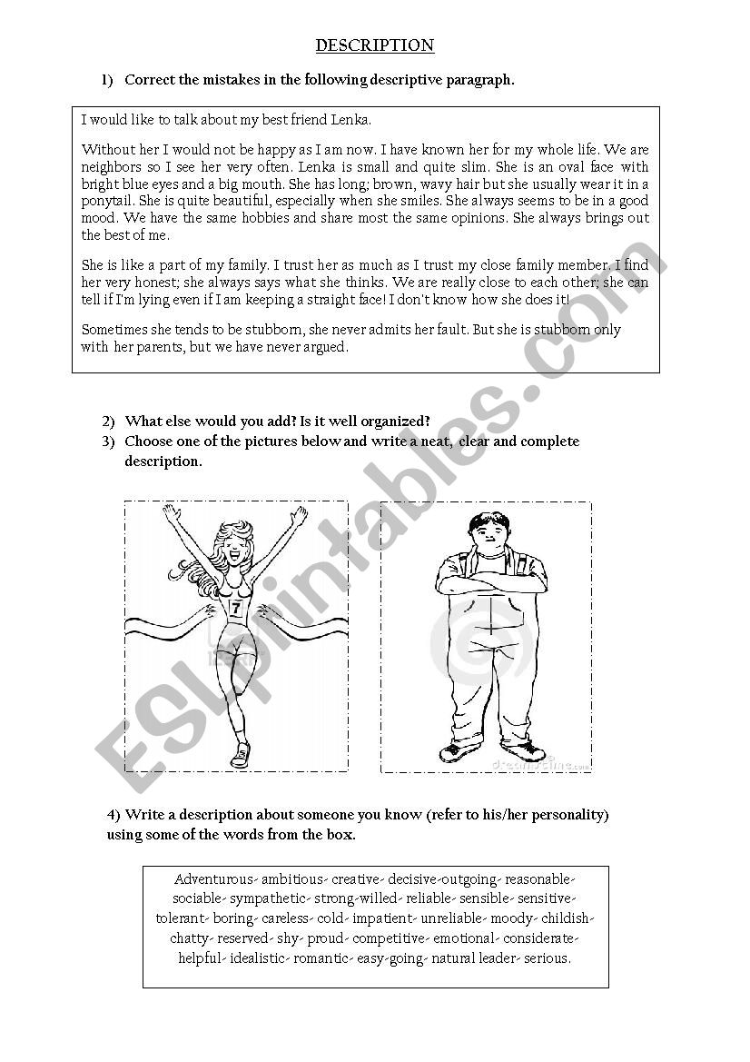 descriptions worksheet