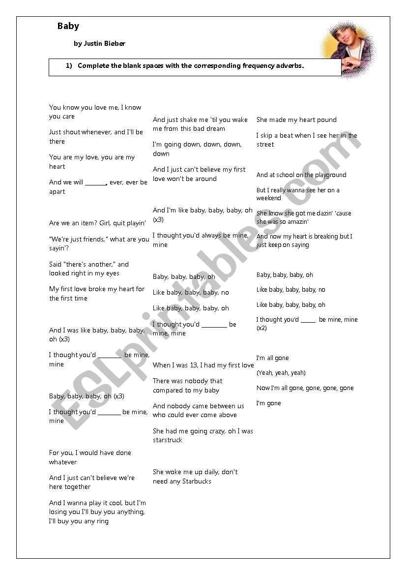 Baby by Justin Bieber worksheet