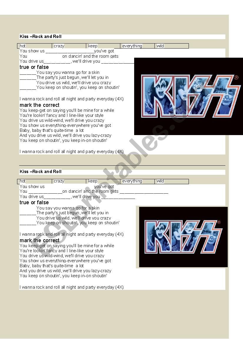 KISS Rock and Roll all night worksheet