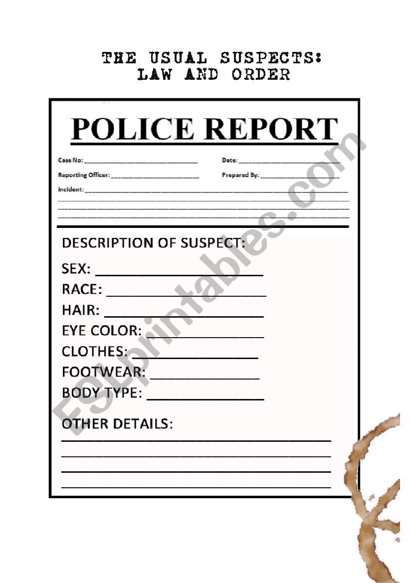 POLICE REPORT FORM FOR ROLE PLAYS - ESL worksheet by seansarto Regarding Police Incident Report Template
