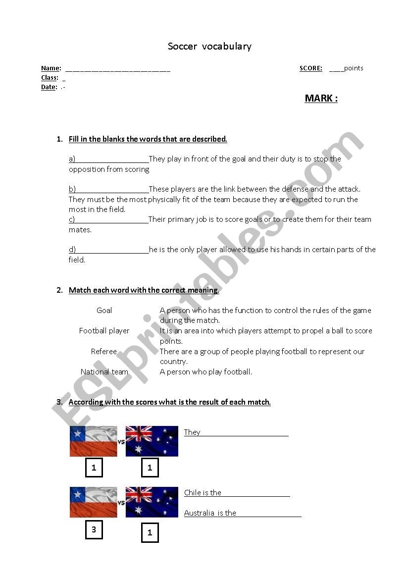 vocabulary about soccer worksheet
