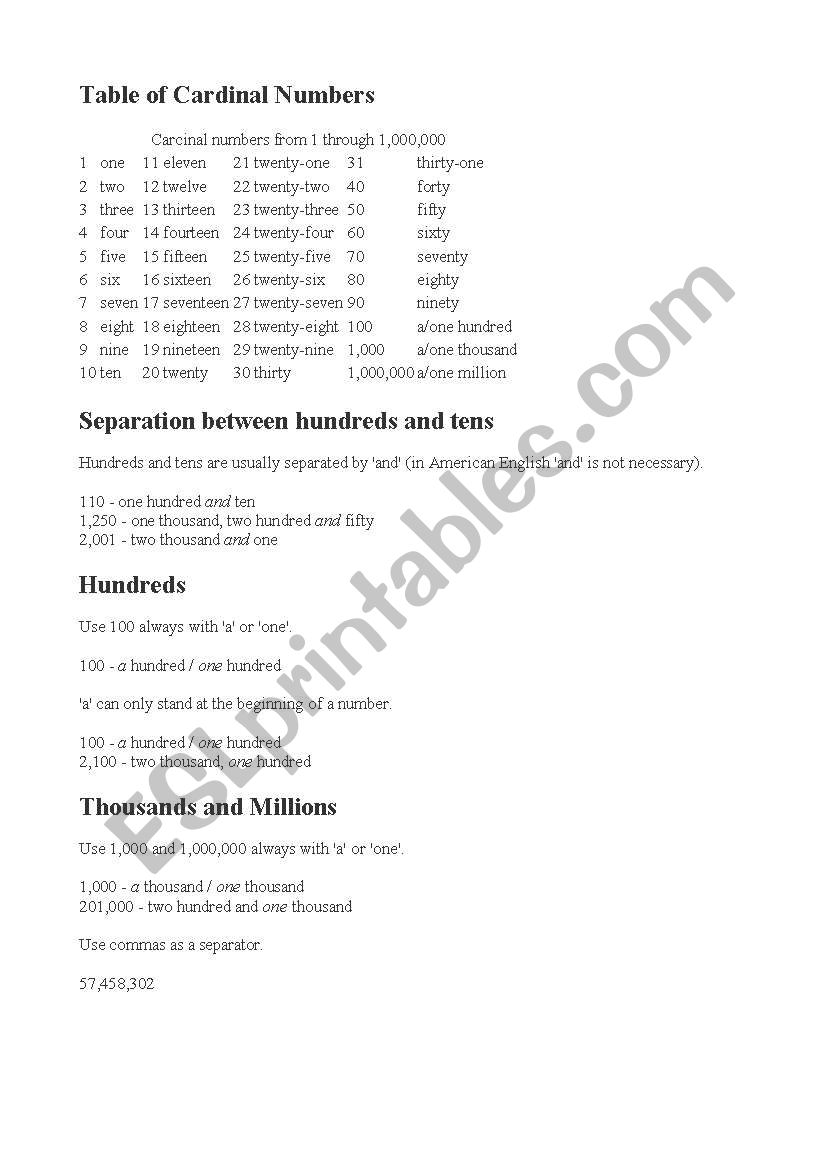 Cardinal Numbers worksheet