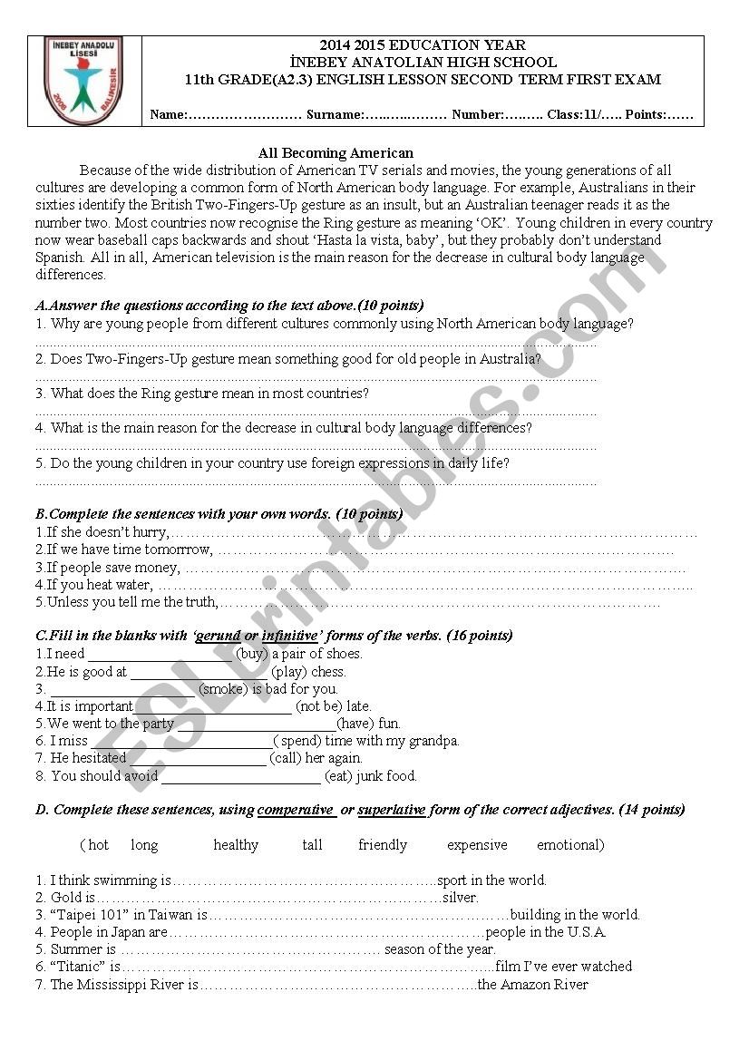 11th Grade Second Term exam worksheet