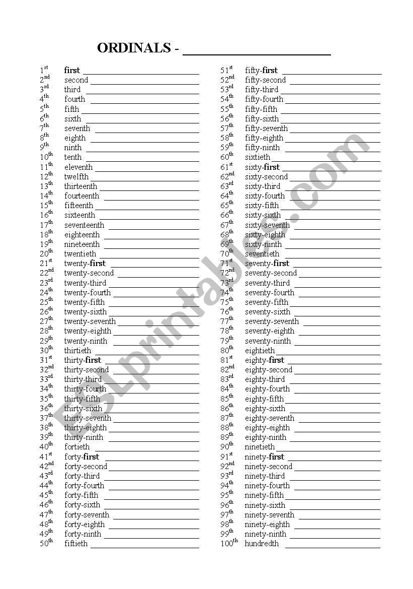 Ordinal Numbers worksheet