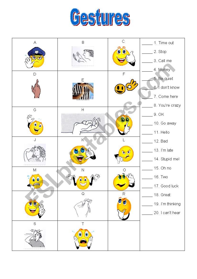 Gestures worksheet