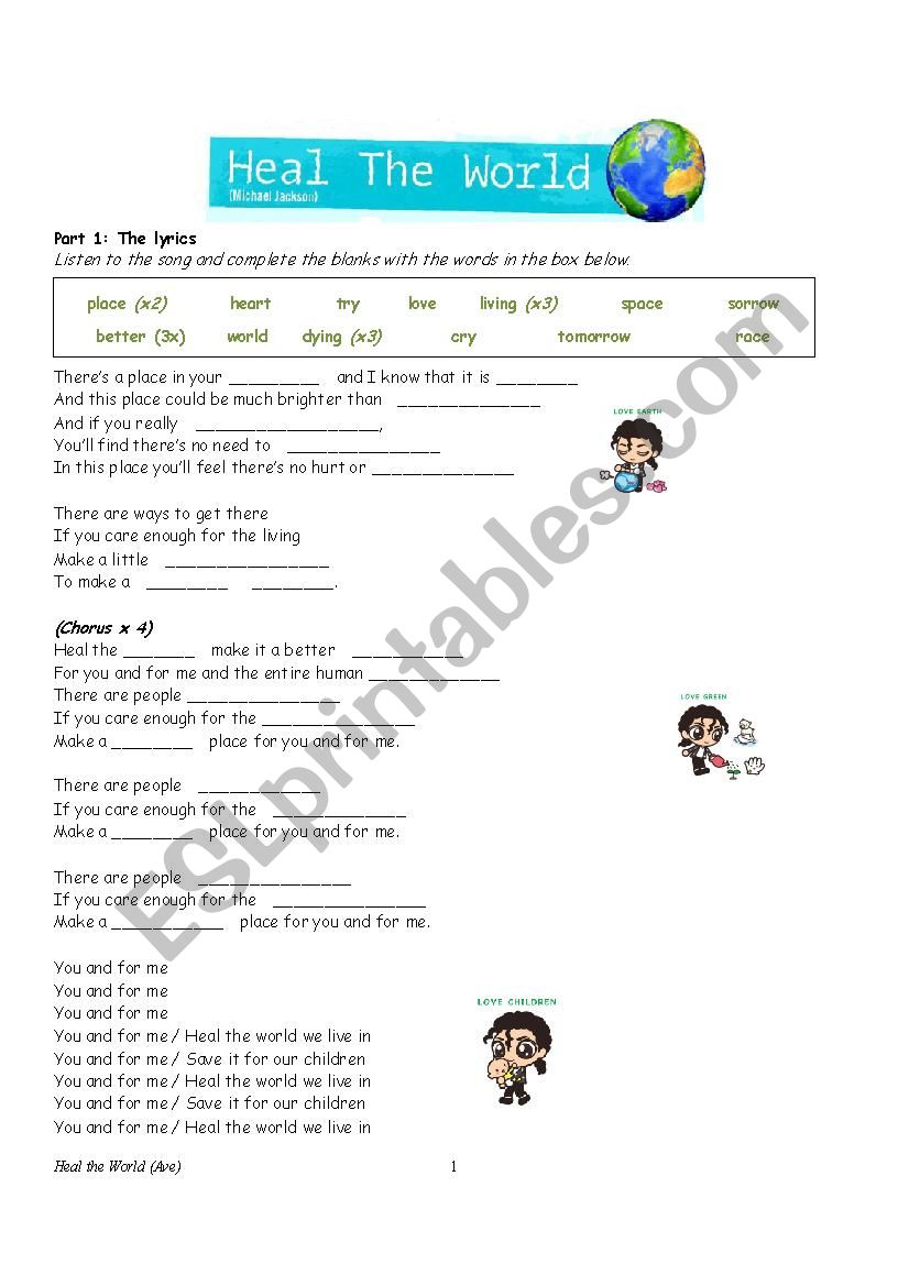 Michael Jackson - Heal The World Worksheet