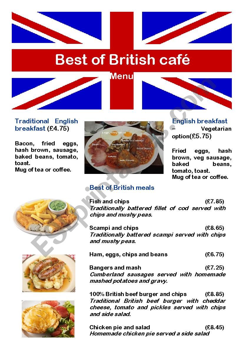 Menu 1 - best of British café - ESL worksheet by feenanou