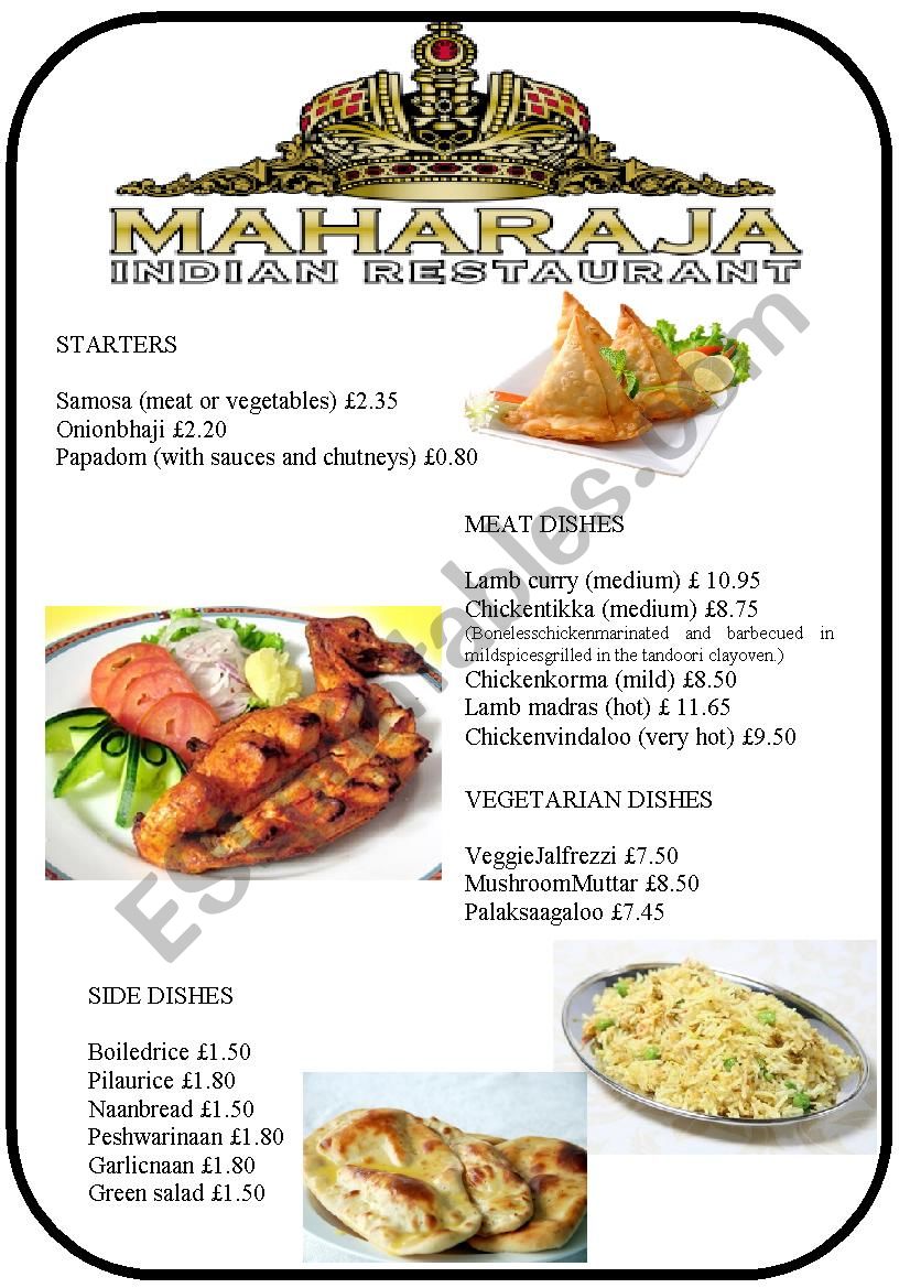 menu 2 - Indian restaurant worksheet