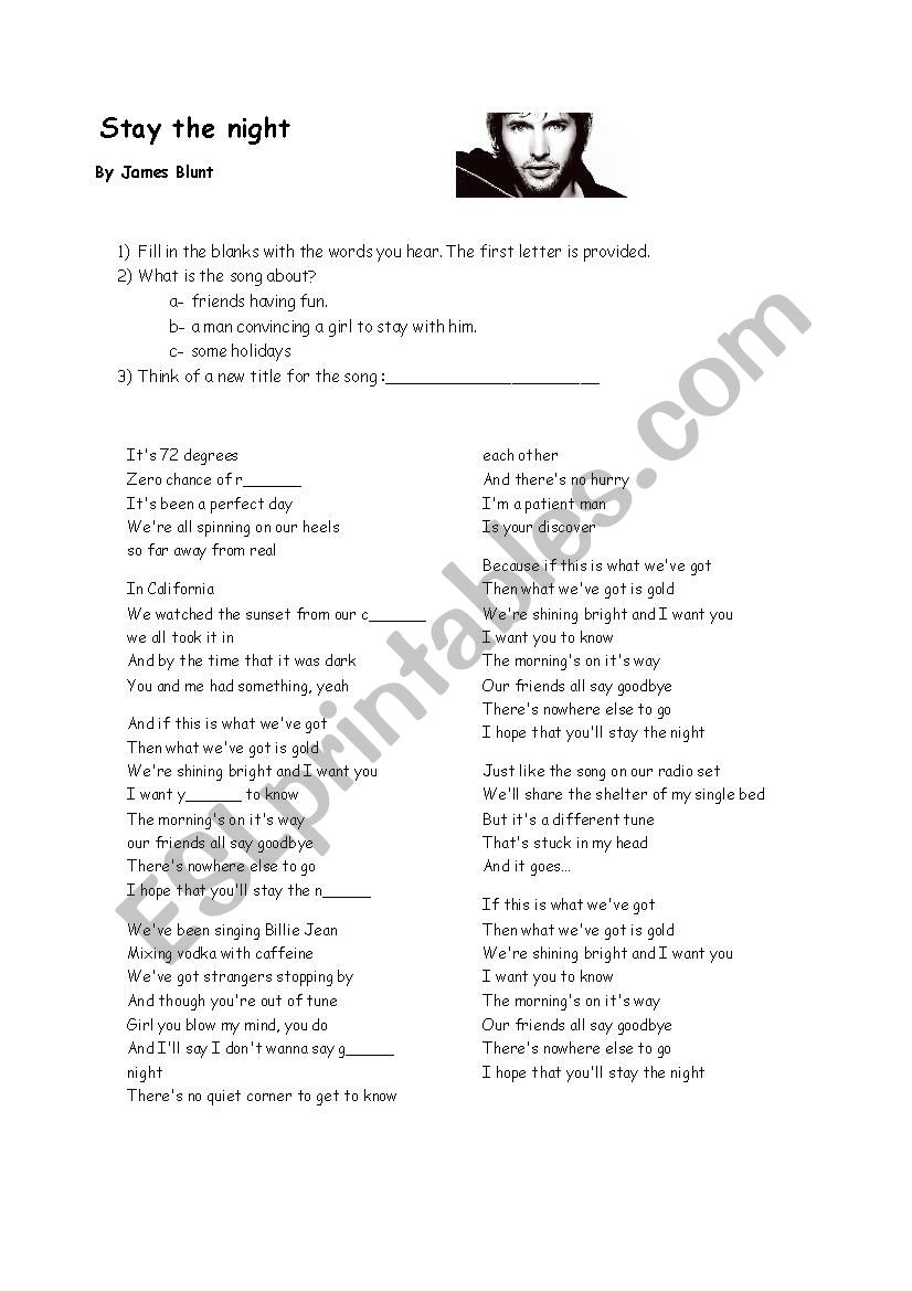 Stay the Night by James Blunt worksheet