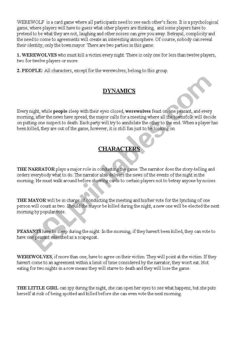 Game Werewolf Instructions And Script For Narrator Esl Worksheet By Jperis Iesgadea Es