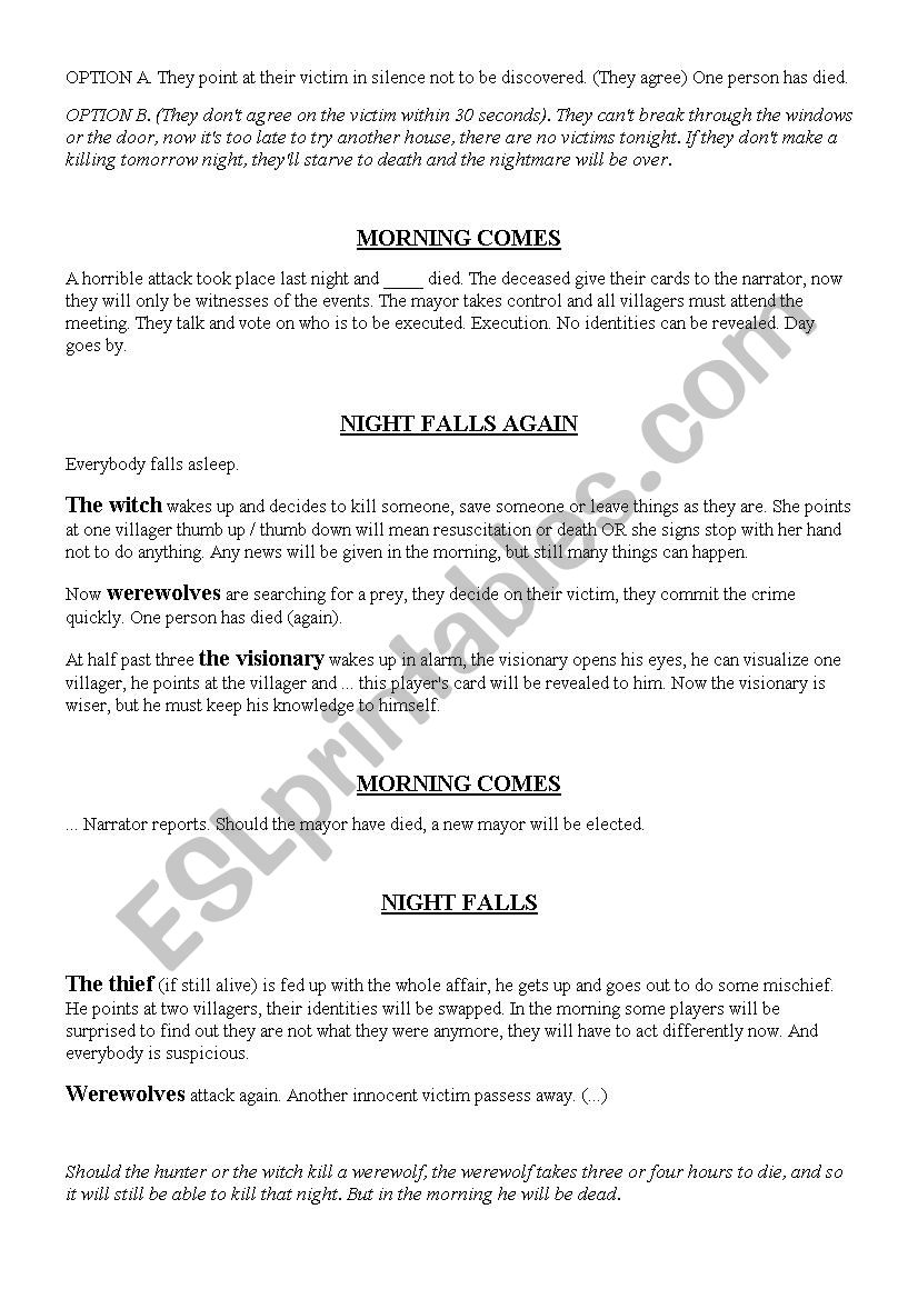 Game Werewolf Instructions And Script For Narrator Esl Worksheet