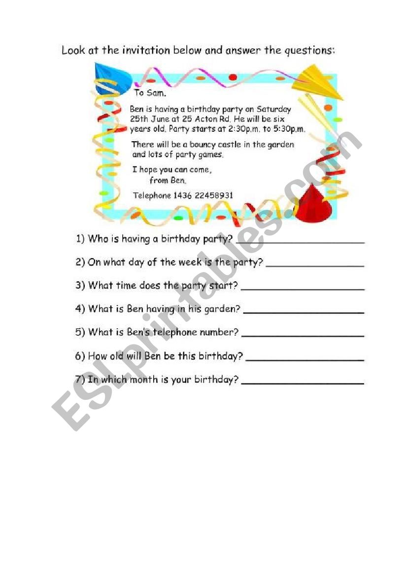 invitation for a birthday  worksheet