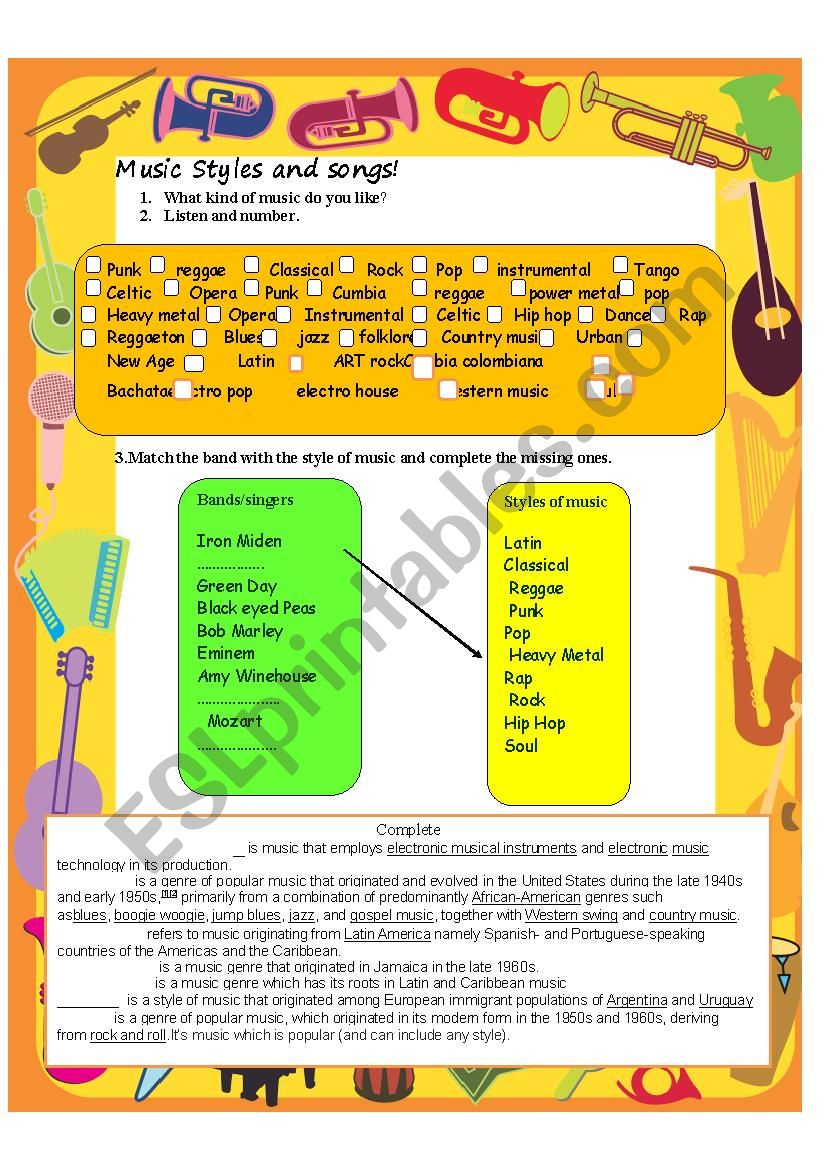 Music Styles worksheet