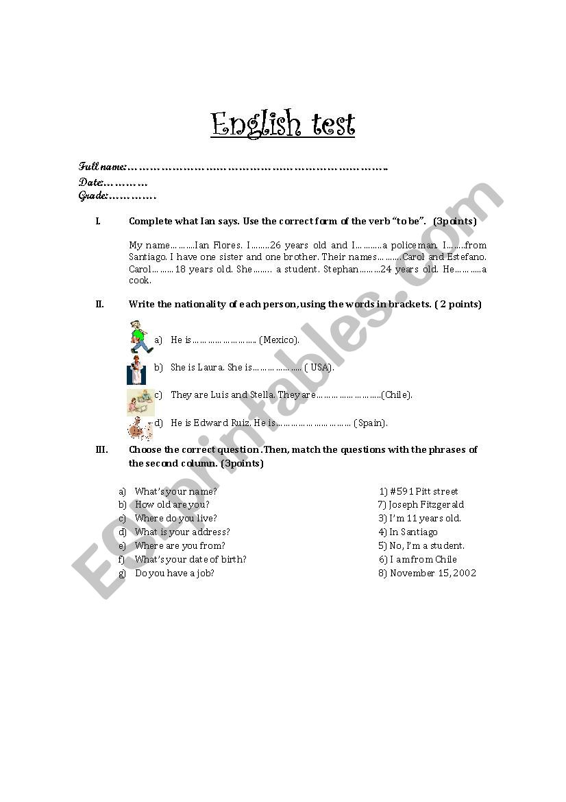 English test worksheet