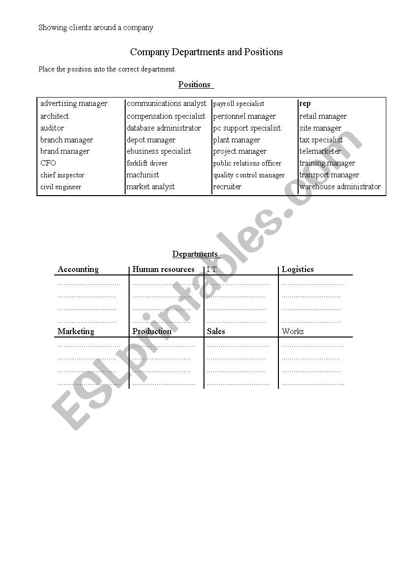 Job titles and department in Company