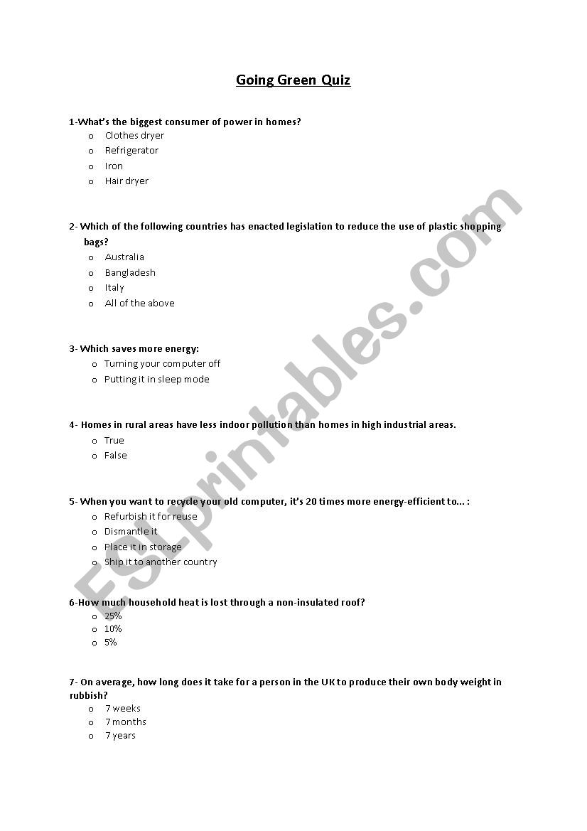 Green Quiz worksheet