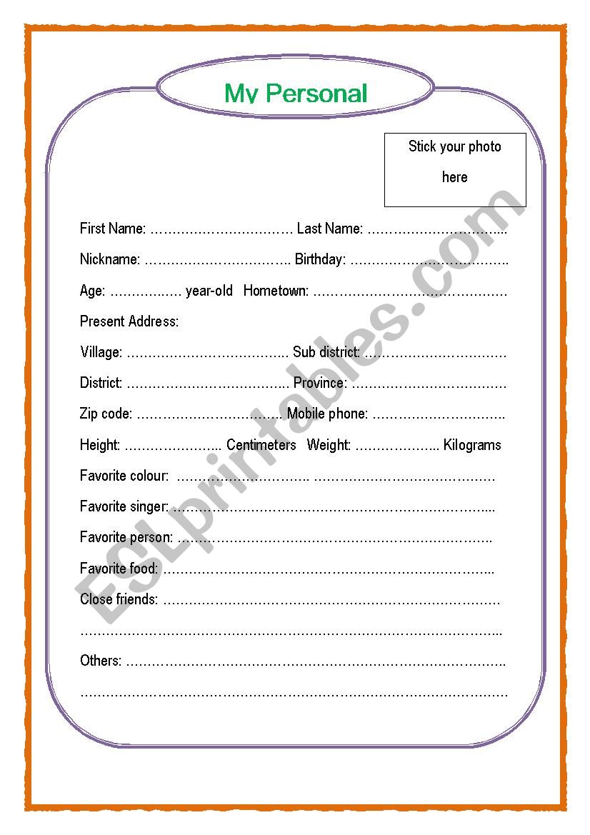 Personal Profile worksheet