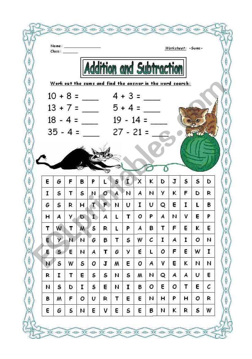 Addition and Subtraction Worksheet and Wordsearch