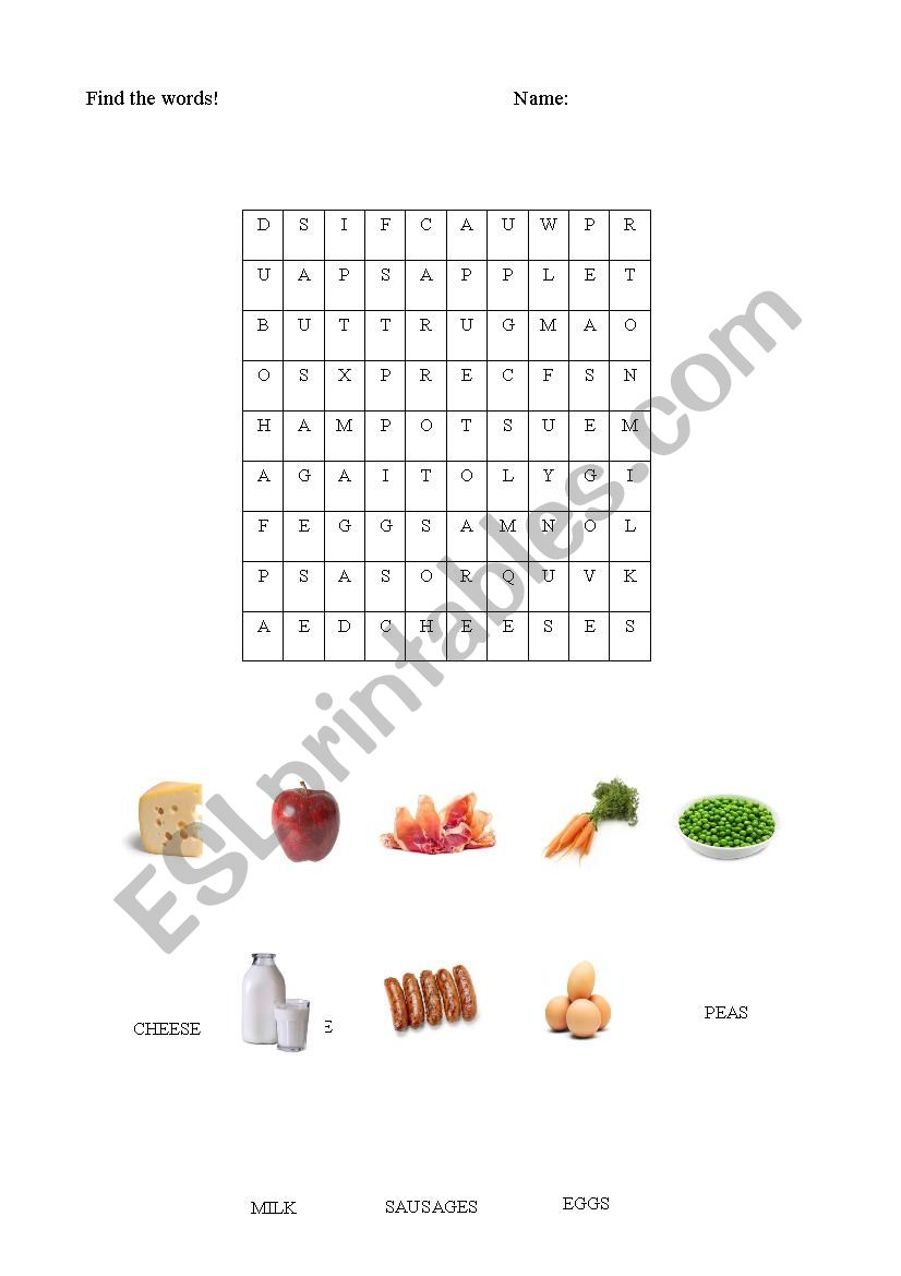 food wordsearch worksheet