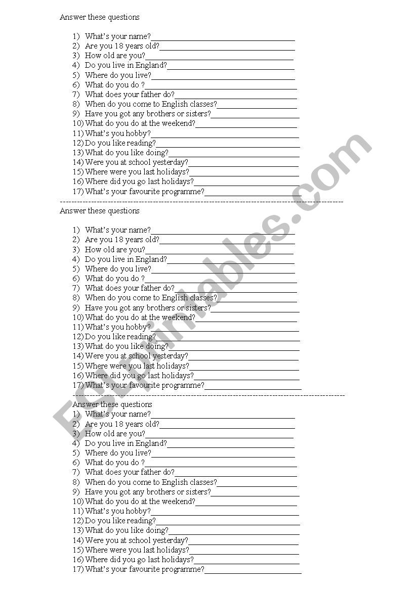 personal questions worksheet