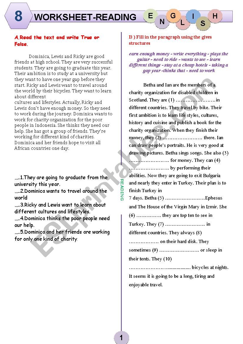 WORKSHEET FOR READING 8 worksheet