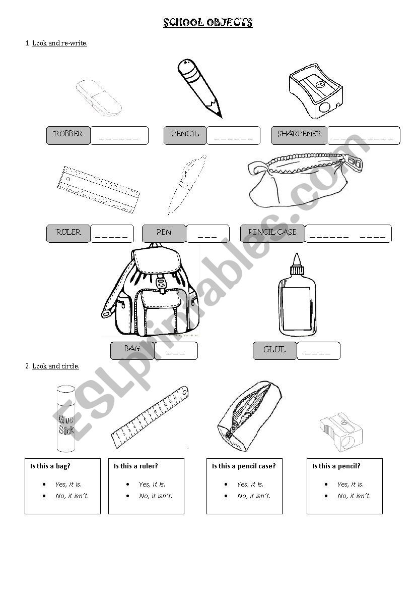 school objects  worksheet