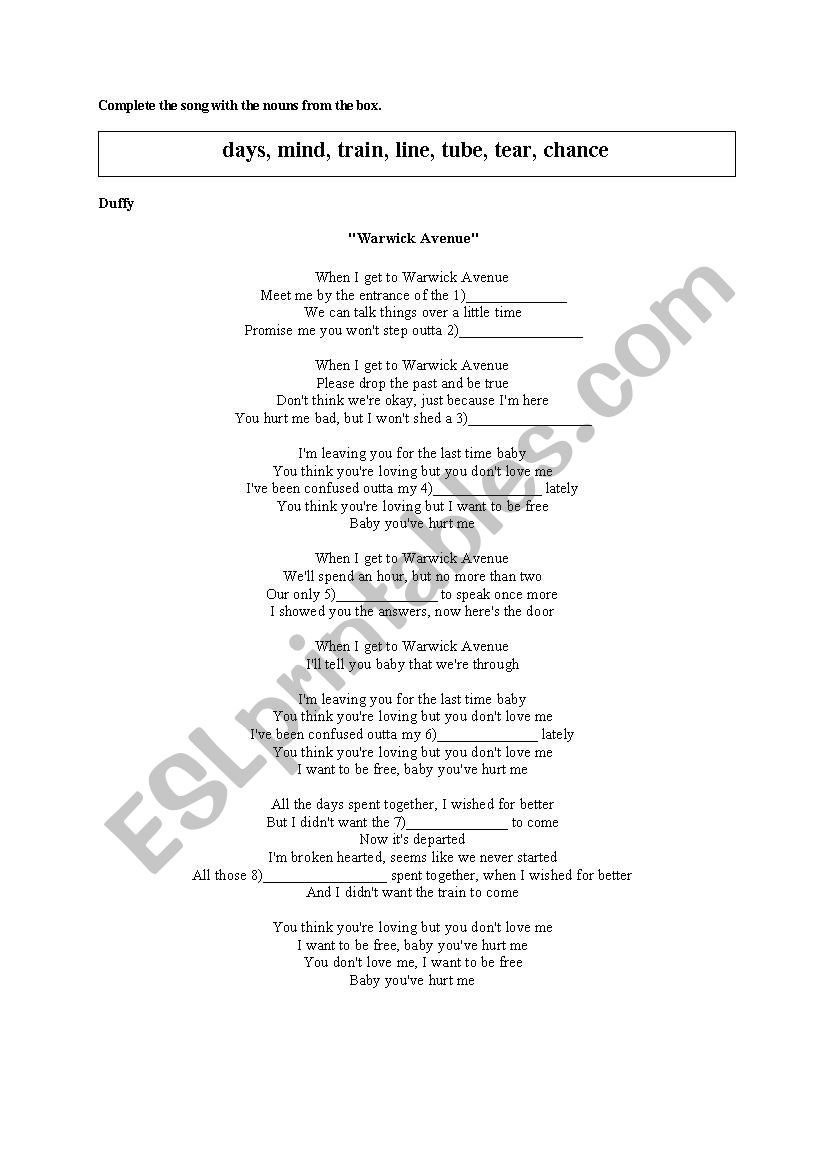 Warwick Avenue _Duffy worksheet