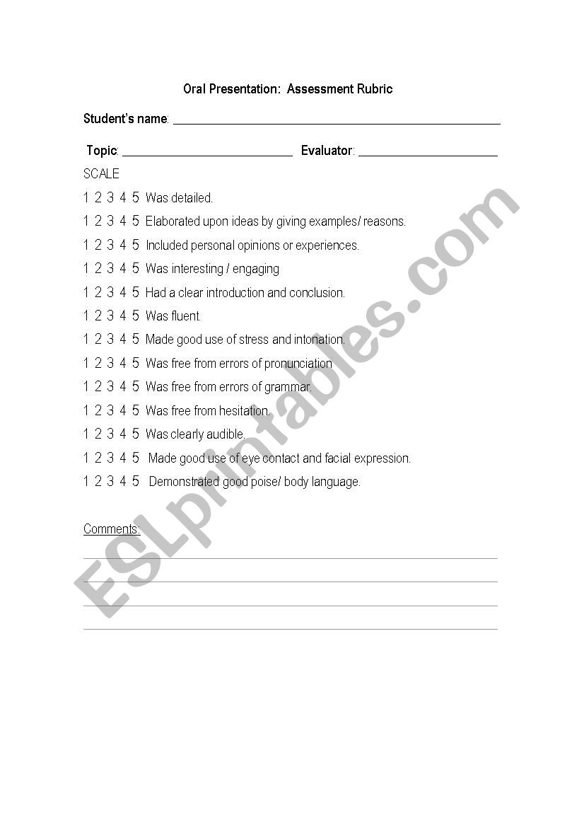 Oral presentation rubric worksheet