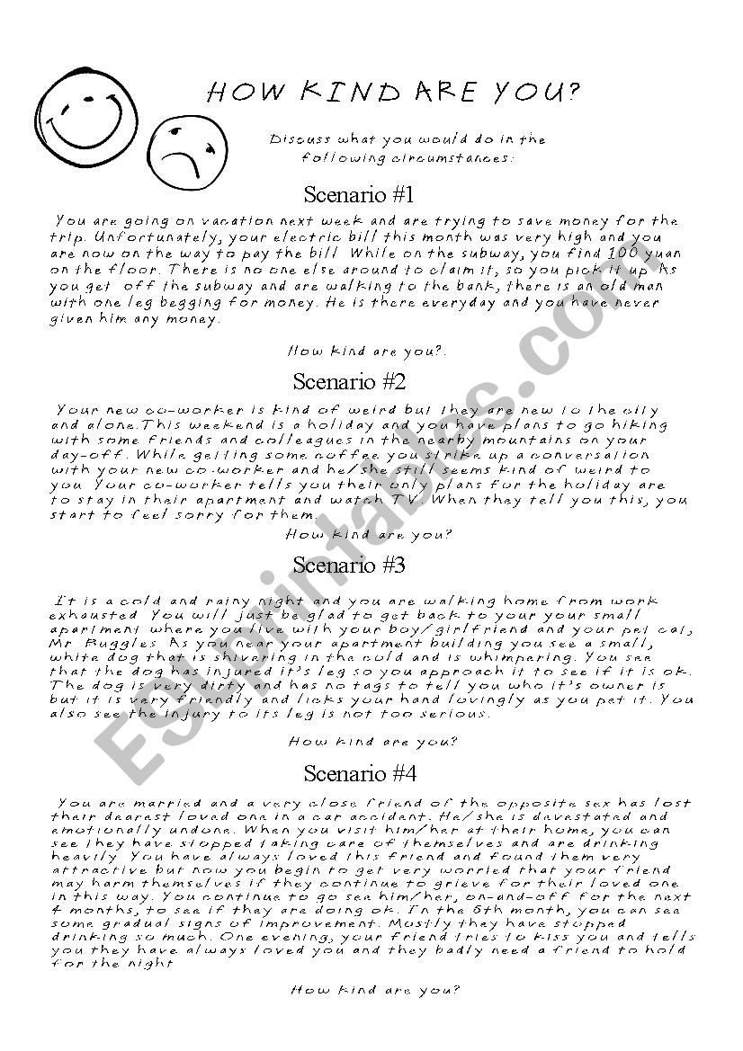 KINDNESS WORKSHEET #1 - SCENARIOS