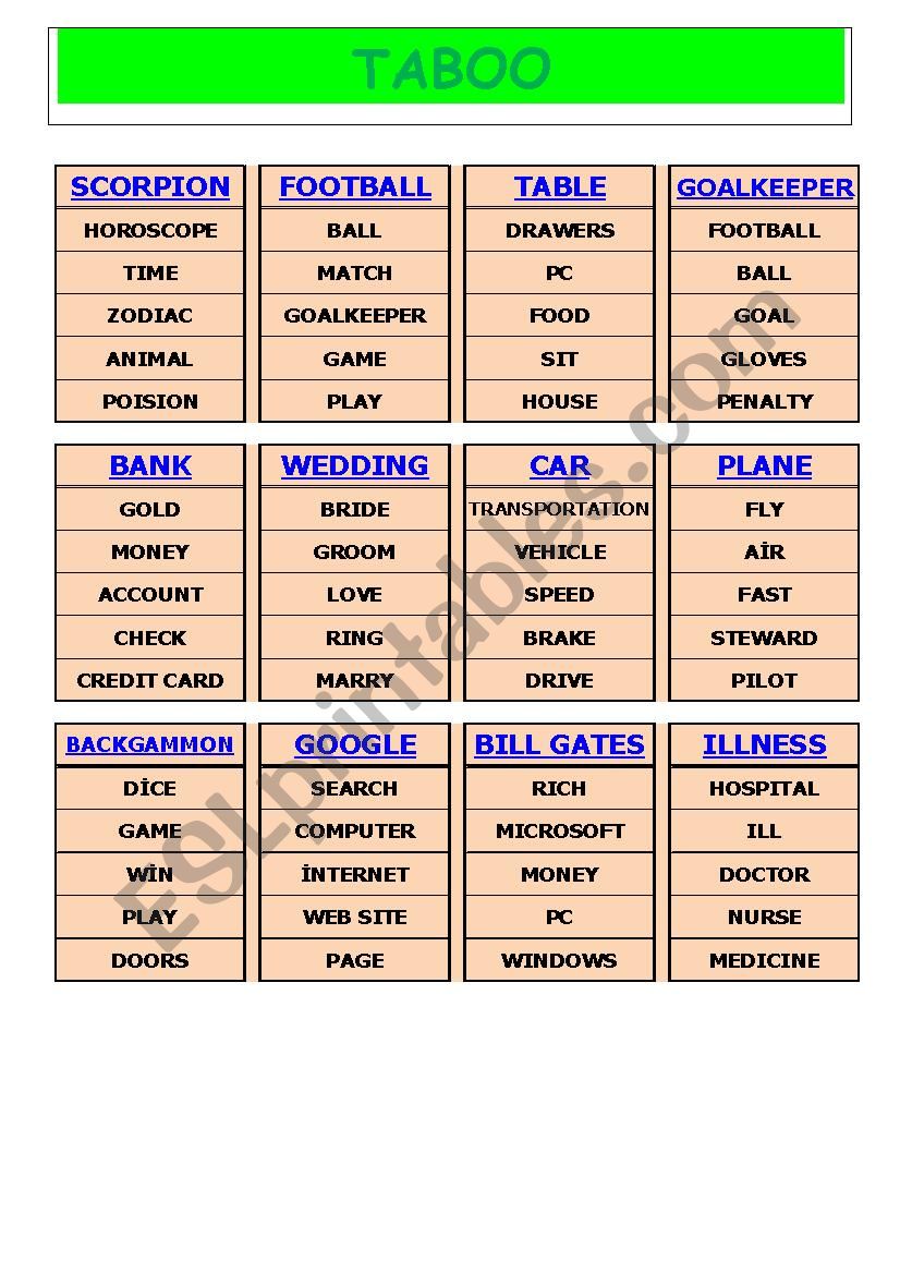 TABOO worksheet