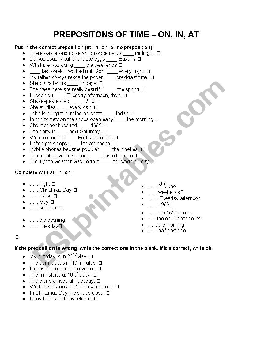 Prepositions of time worksheet