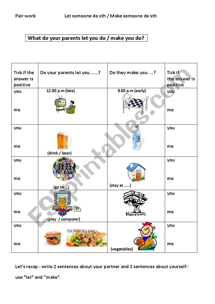 pairwork activity: let/make someone do something