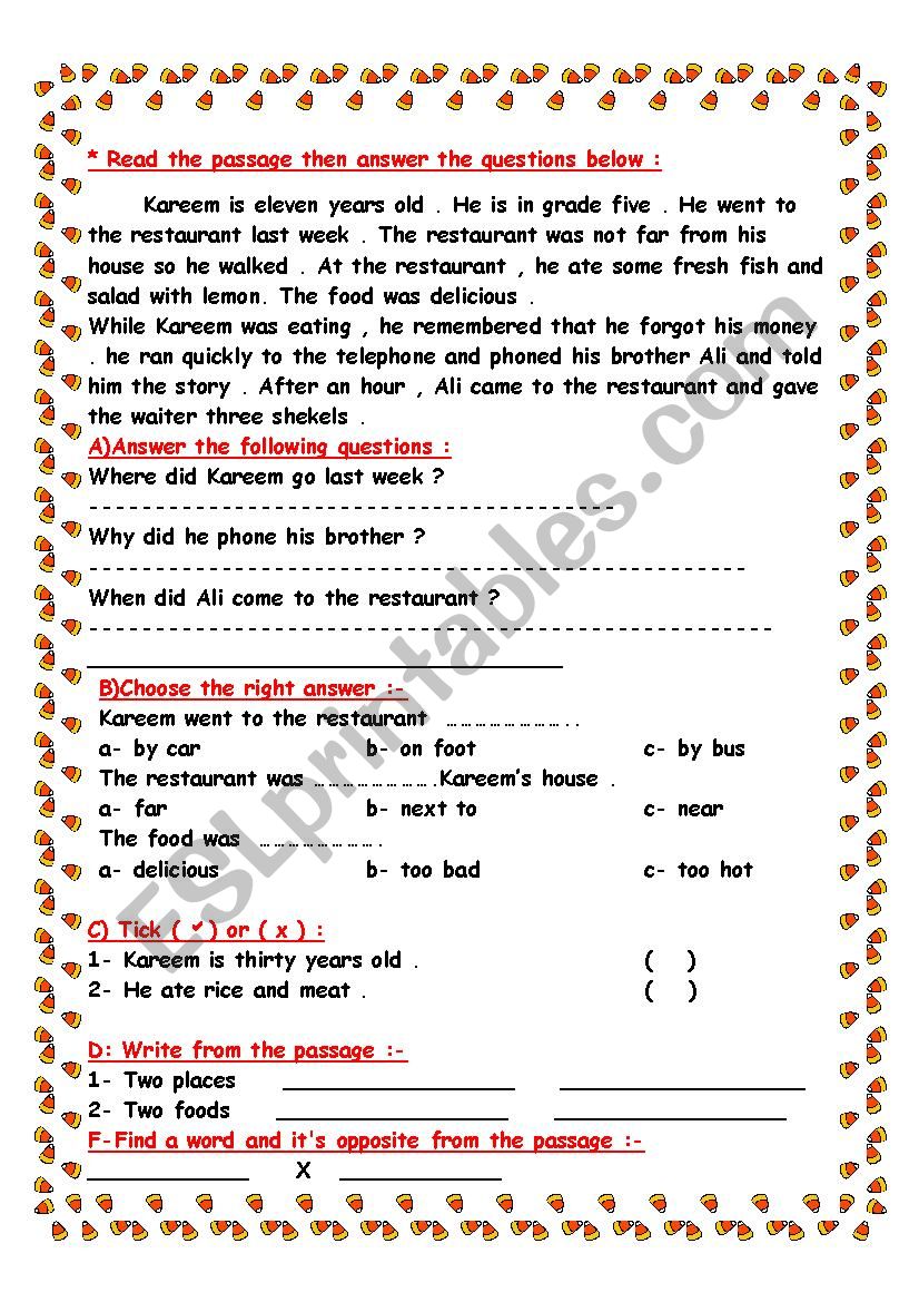 comprehension passage   worksheet