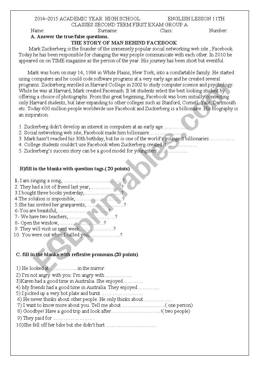 11th grades exam worksheet