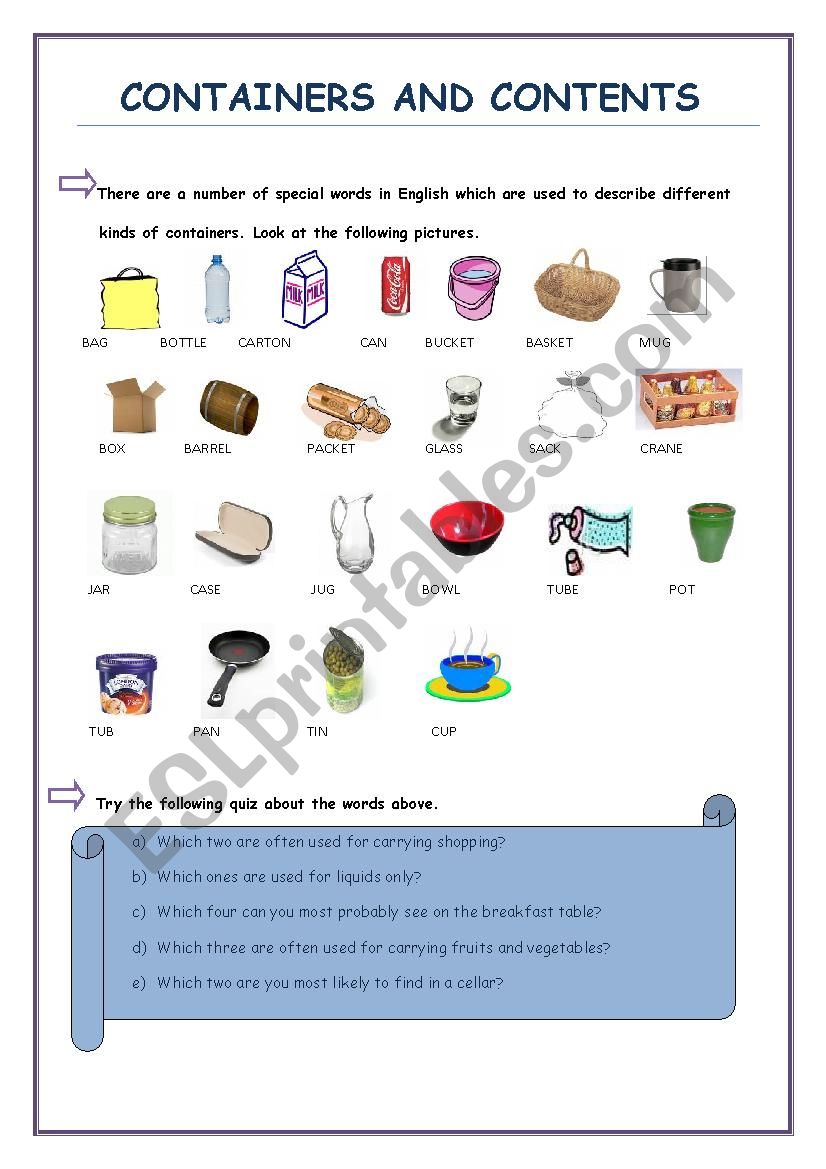 containers and contents worksheet