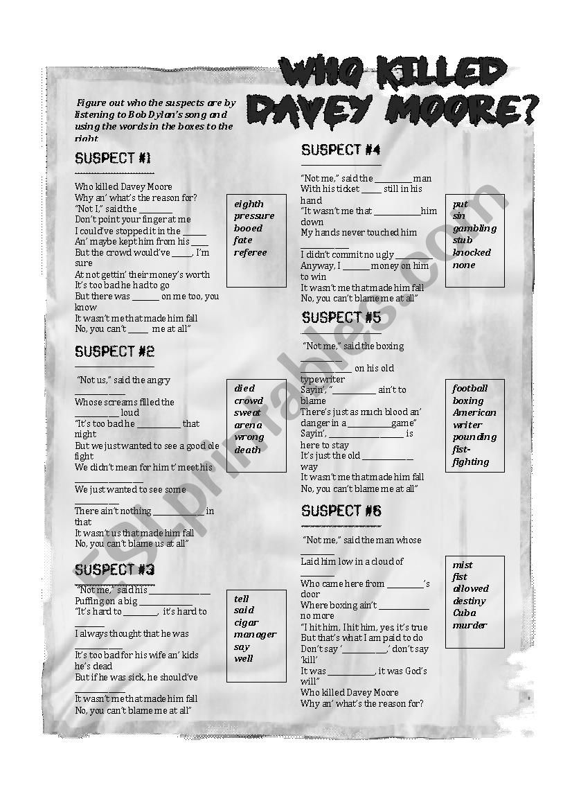 WHO KILLED DAVEY MOORE - BOB DYLAN LISTENING EXERCISE