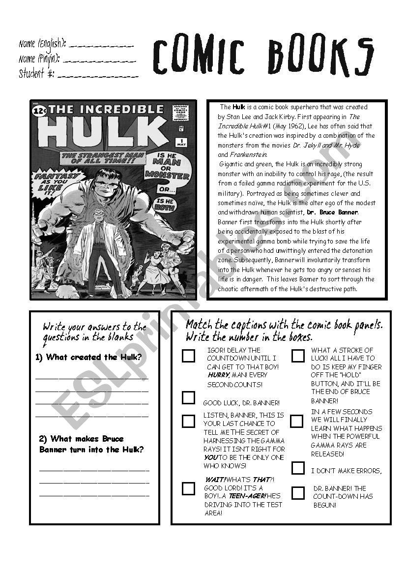 THE  HULK READING AND COMPREHENSION WORKSHEET