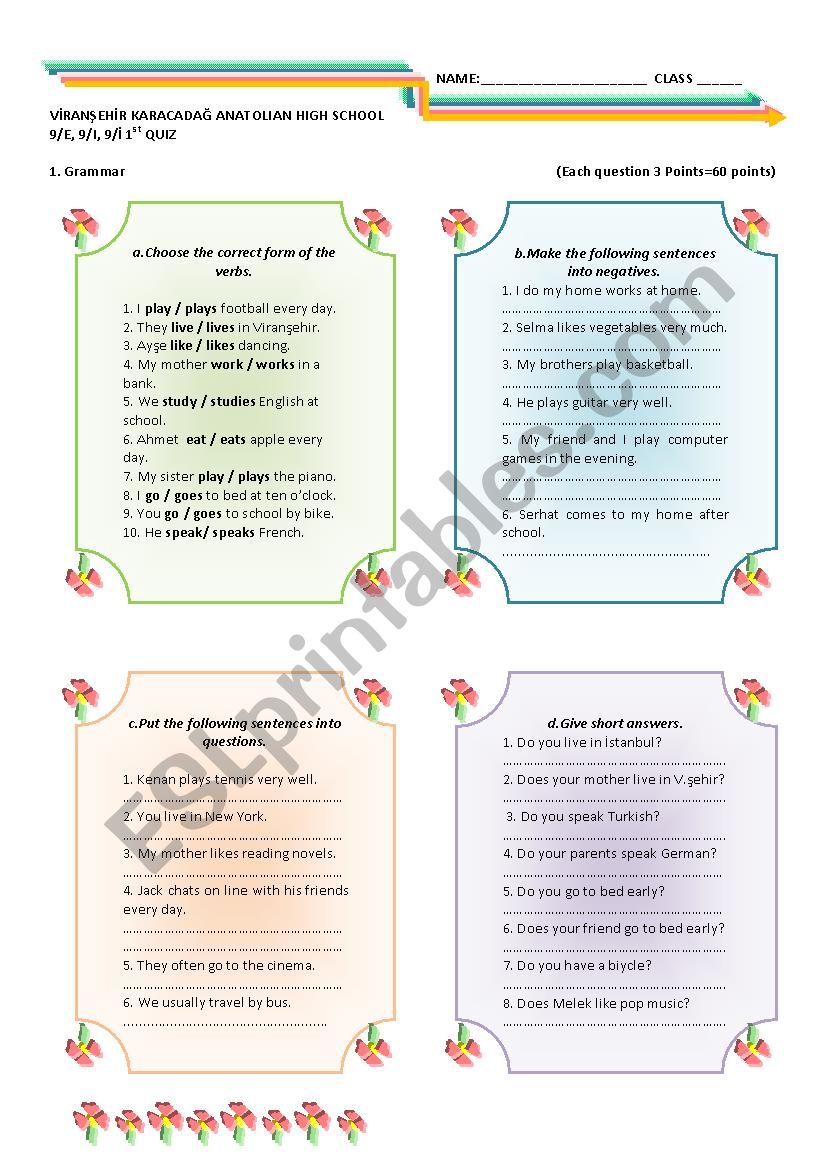 Quiz Present Simple worksheet