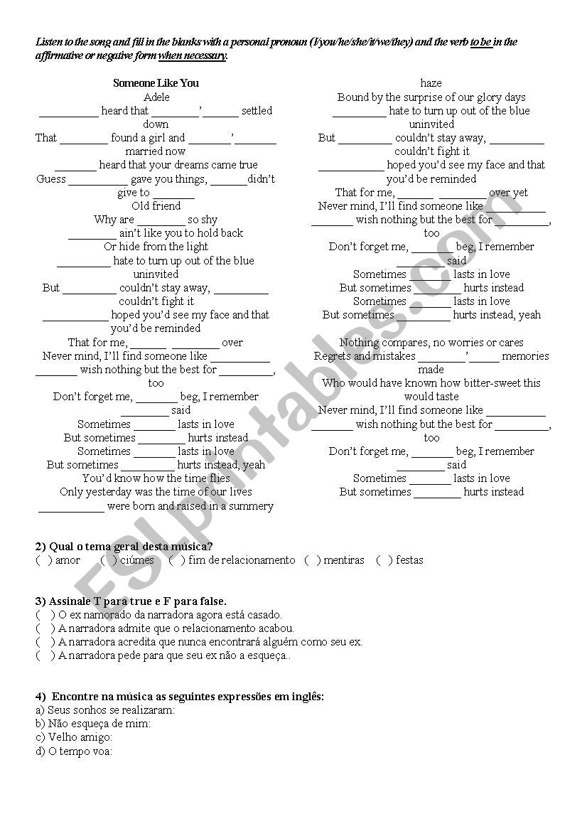 song someone like you worksheet