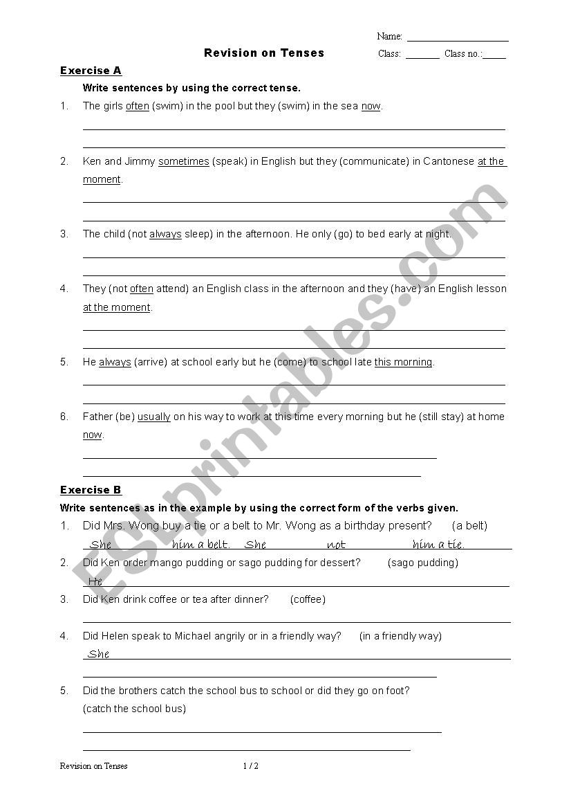 revision on tenses with answers