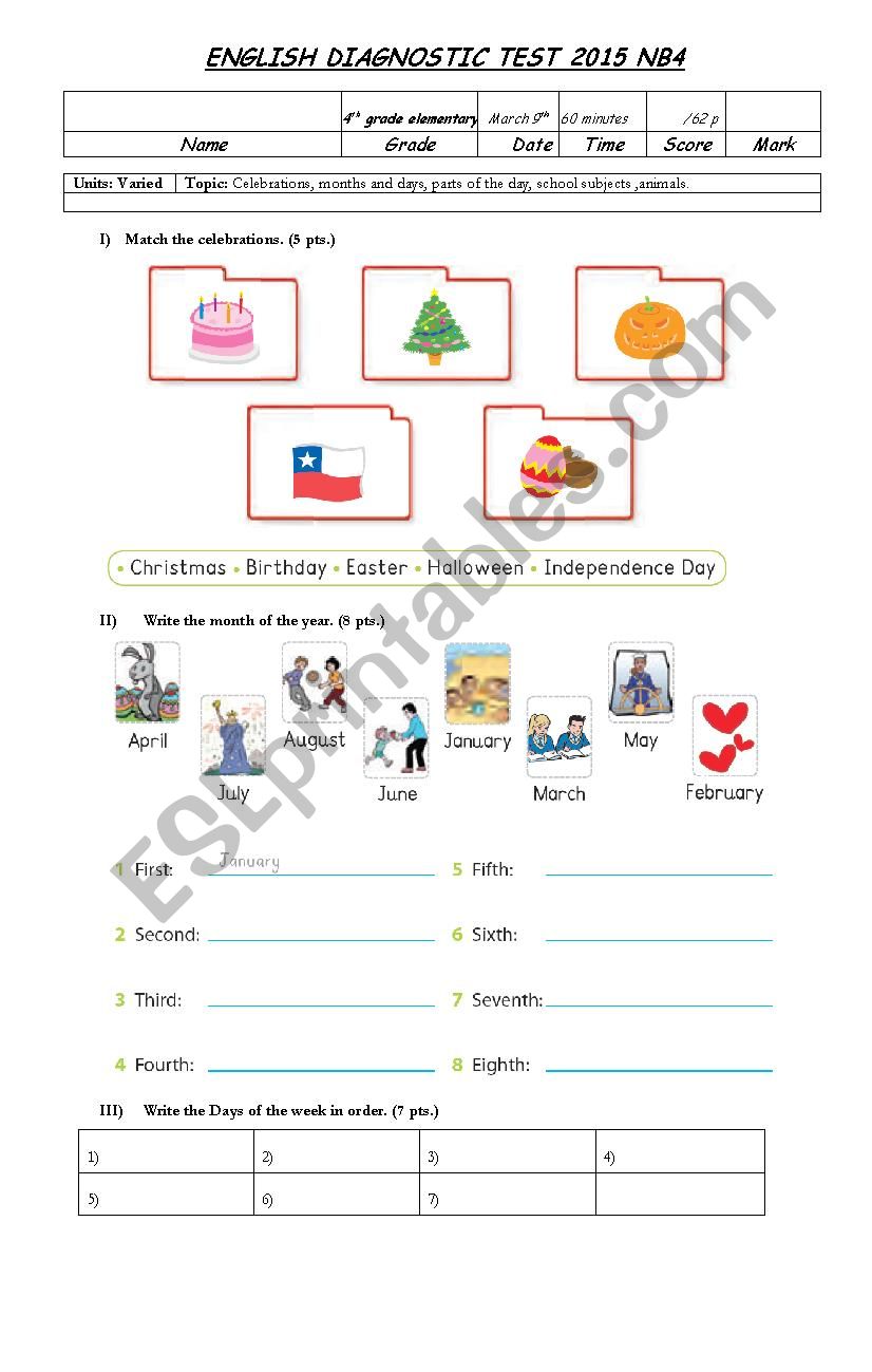 Diagnostic test 4th grade worksheet