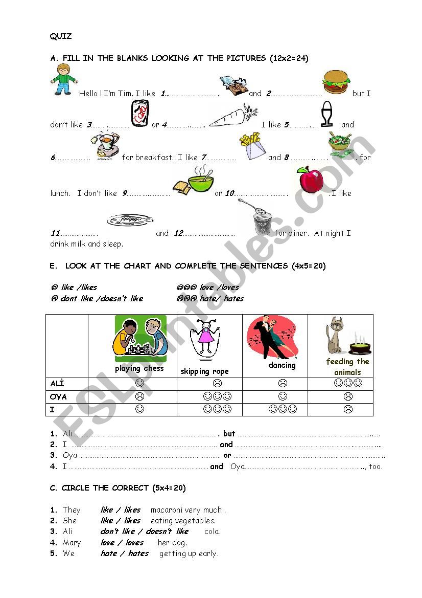 Likes-Dislikes quiz worksheet