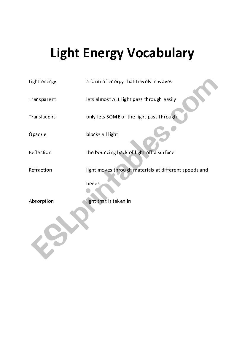 Light Energy worksheet