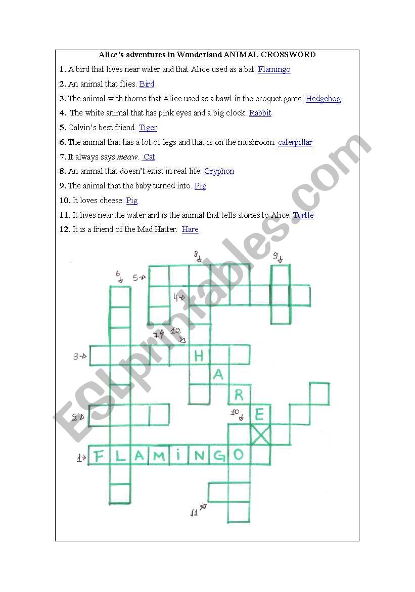 Alices Adventures in Wonderland Animal Crossword